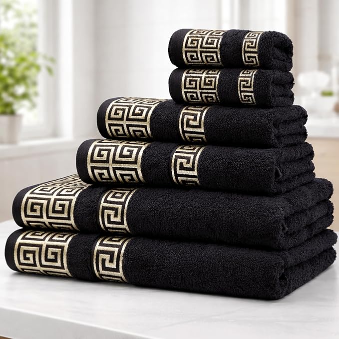 Premium Soft Cotton 6 Piece Towel Set with Greek Key Design – 2 Bath Towels 2 Hand Towels 2 Washcloths, Ultra Absorbent & Quick Dry Bathroom Towels, Turkish Towels for Bathroom, Black Towel Sets G01