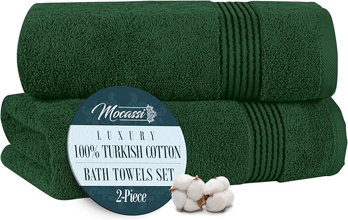 Mocassi Luxury 100% Turkish Cotton 2-Pack Bath Towel Set- Ultra Soft, Quick Dry Highly Absorbent 27 x 54 inch Premium Spa Hotel Quality 2PC Bath Towels - Luxurious Soft Bathroom Towels, Hunter Green