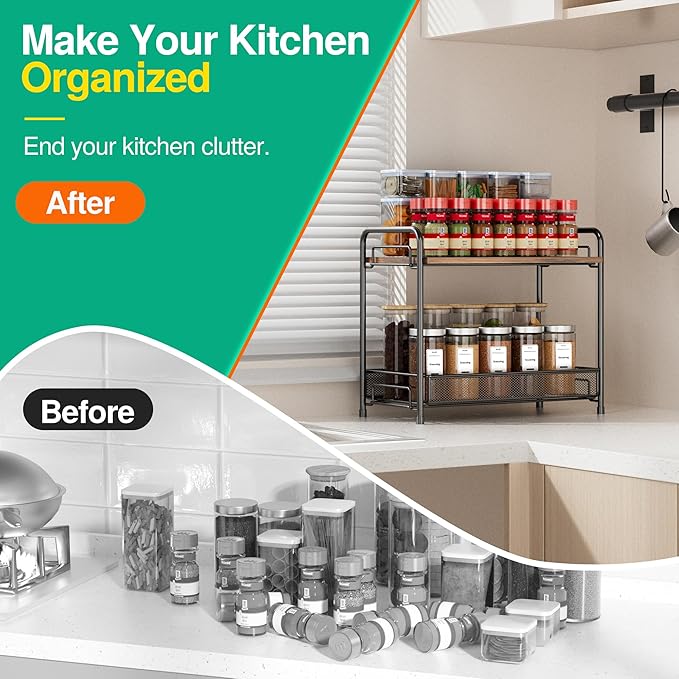 2 Pack Spice Rack Organizer for Countertop with Wood Top, 2-Tier Foldable Metal Rust-Proof Standing Large Seasoning Storage Shelf with Guardrail & Mesh Design for Kitchen Living Room, Black