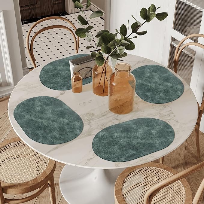 ADRIMER Placemats, Heat Resistant Oval Placemats Set of 12 Washable 12 x 17 Inch, Waterproof Table Mats, Wipeable Pu Place Mats for Kitchen, Dining Room, Blue & Green