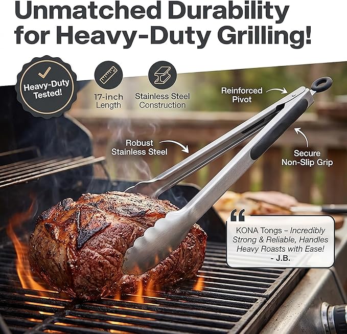 Kona Premium Stainless-Steel Locking Grill Tongs 18 inch, Sturdy, Heavy Duty Tongs - Great for Cooking, Grilling, and Barbecue (BBQ)