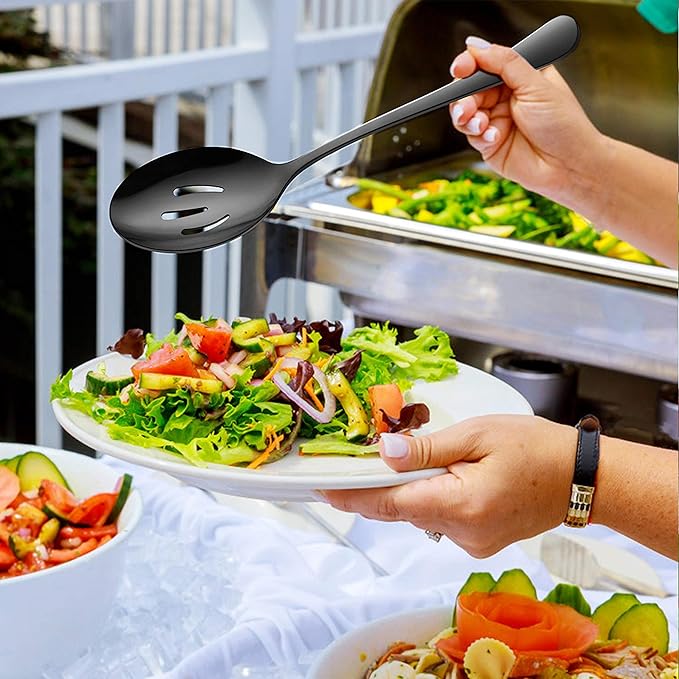LIANYU 6-Piece Large Black Serving Spoons, Black Slotted Spoons, Stainless Steel Serving Utensils for Party Buffet Restaurant Banquet Dinner Catering, 9.8Inch, Dishwasher Safe
