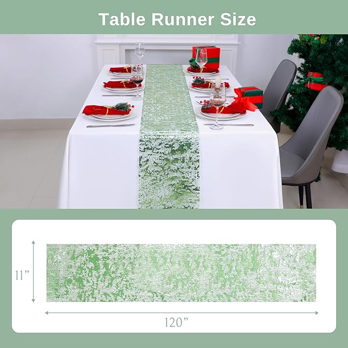 Snowkingdom Sage Green Table Runner, Sequin Glitter Foil Metallic Sage Green Mesh Spring Table Runner 11inch x 240inch,Table Decorations for Party Wedding Bridal Birthday Shower Christmas