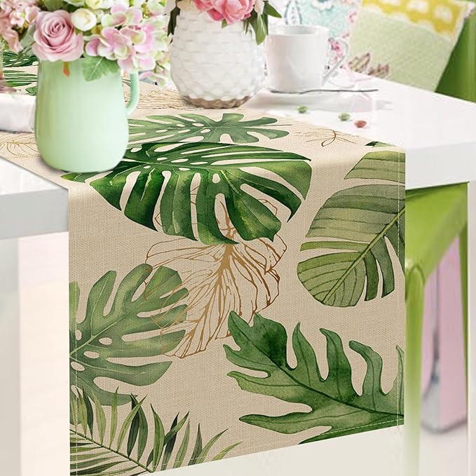 Seliem Summer Palm Leaves Tropical Greenery Table Runner, Monstera Home Kitchen Dining Plant Decor, Spring Seasonal Decorations Indoor Outdoor Hawaii Luau Anniversary Party Supply 13 x 108 Inch