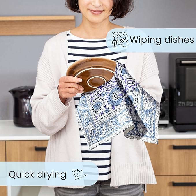 CPC Indigo Blue Hand Block Print Waffle Kitchen Towel Set of 3-16 x 28 Inch Ultra Absorbent Quick Dry Cotton Dish Towels Lightweight Reusable Sustainable Tea Towels for Cleaning and Drying