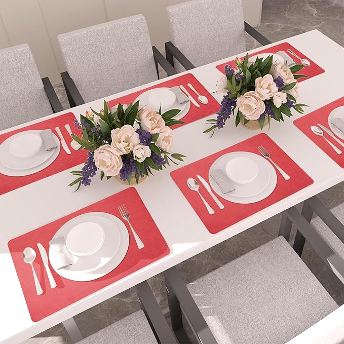 Maxpearl Red Placemats Set of 6, Faux Leather Dining Table Mats -Waterproof - Wipe Clean - Heat Resistant - Anti Slip, Suitable for Indoor & Outdoor Use, 17''×12''
