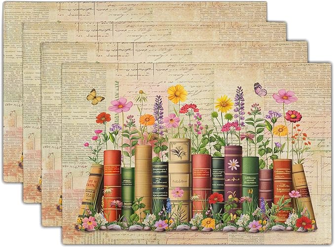 Vintage Books Linen Placemat Set of 4 Decoration Printed Place Mat for Home Table Decor