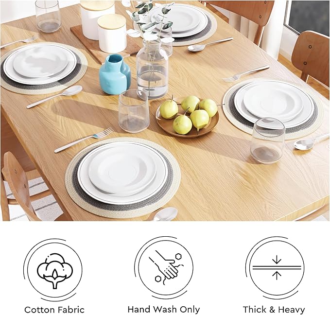Encasa XO Dining Placemats Set of 4 | Cotton Round Table Mat - 13 in Diameter | Light Grey & Off White | Handmade Rib Style Chargers for Dinner Plates