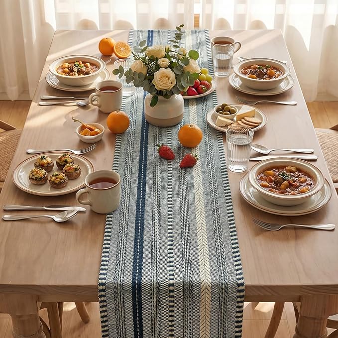 Artoid Mode Dark Blue Farmhouse Woven Table Runner, Seasonal Holiday Rustic Kitchen Dining Table Decoration for Home Party Decor 12x72 Inch