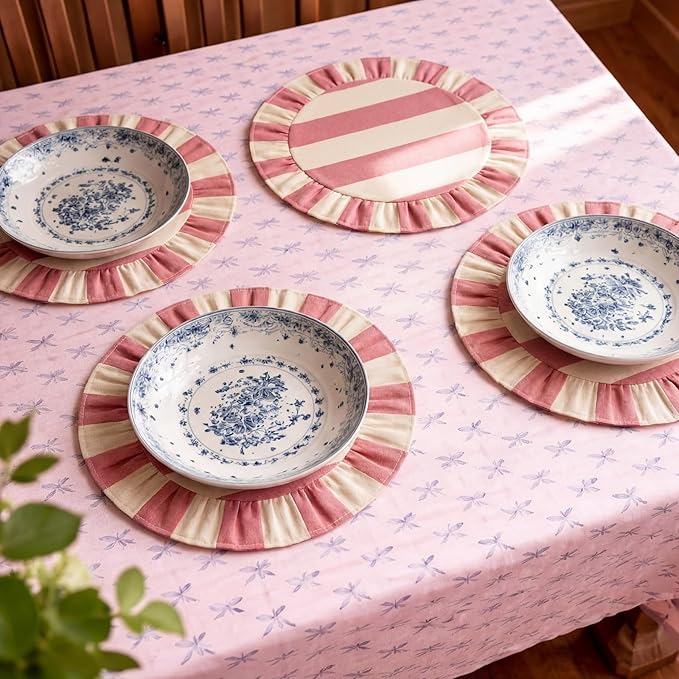 4 Pcs 15 Inch Cotton Scalloped Round Placemats, Pink and White Stripes Thin Place Mats with Ruffle, & Washable Placemats Table Mats for Kitchen Dining Holiday Gatherings Decor