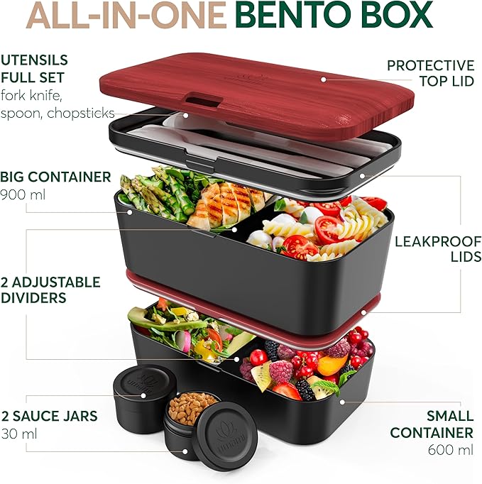Umami Premium Lunch Box Containers w/ 4 Utensils, 2 Sauce Jars, Nestable Space-Saving Bento Box Adult, 100% Leakproof, Microwavable Lunch Containers for Adults, Rosewood Black, 50 oz