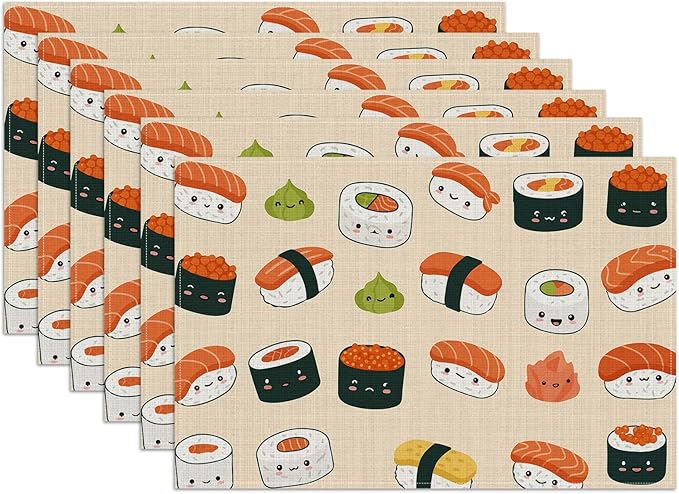 Cute Japanese Sushi Placemats Set of 6, Washable Heat Resistant Table Mat Linen Place Mats for Party Kitchen Dining Home Decor 12x18 Inch