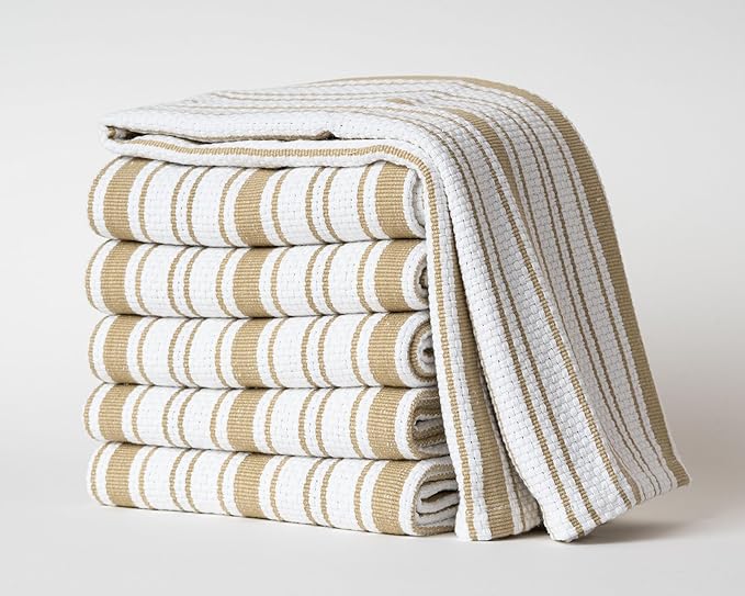 Kitchen Towels Set – Pack of 6 (20’’ x 30’’) Extra Large Premium Cotton Dish Towels for Kitchen – Basket Weave Towels – Absorbent – 100% Cotton – with Hanging Loop – Beige
