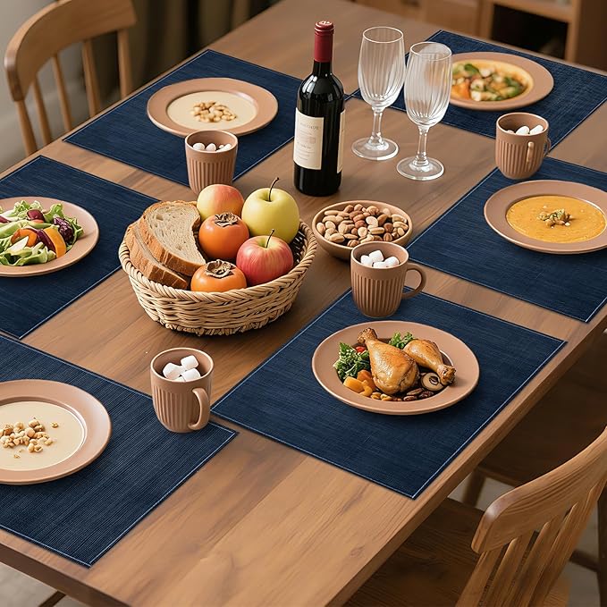 Bloss Blue Placemats Set of 4-12x18 Inch Table Mats Washable Heat-Resistant Place Mats for Dining Table, Easy to Clean Seasonal Place Mats for Holiday Party Kitchen Dining Table Decoration