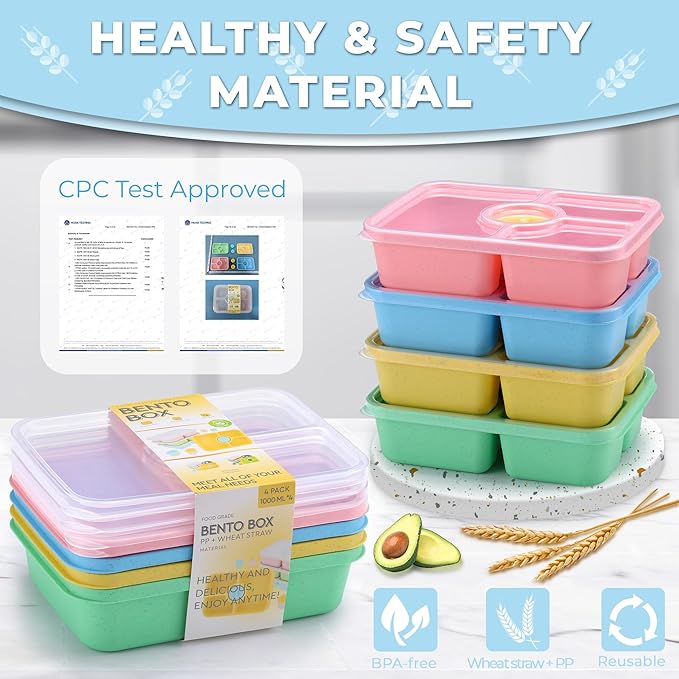 Bento Snack Box Containers, Meal Prep Container Reusable for Kids, Stackable Bento Box Adult 4 Pack, Divided Food Storage Containers with Clear Lids, Sauce Container, Light Colors