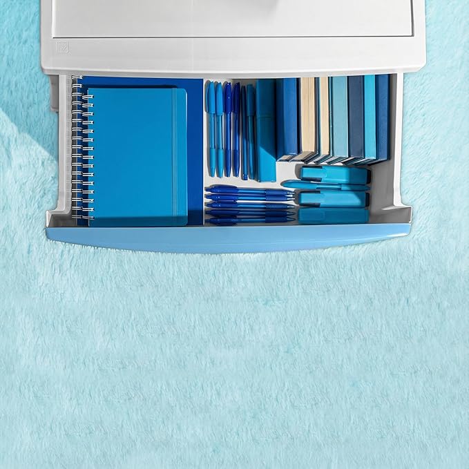IRIS USA Plastic Drawer Storage Organizer, 4-Drawers, for Classroom Art Supplies Bathroom Dorm Bedroom Laundry Room, Wide, White Frame with Matte Blue Front Panels