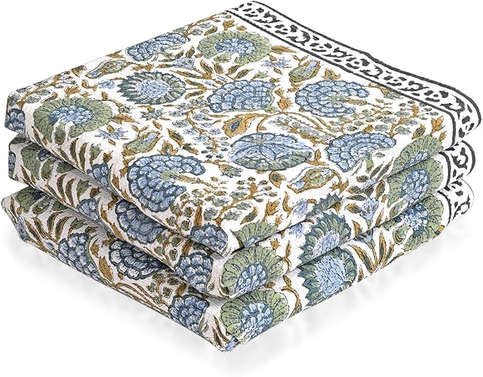 Ridhi Asparagus Green Hand Block Print Waffle Kitchen Towel Set of 3-16 x28 Ultra Absorbent Quick Dry 100% Cotton Waffle Dish Towels Lightweight Reusable Sustainable Tea Towels for Cleaning and Drying