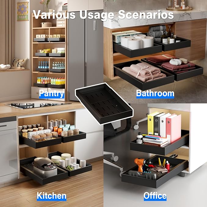 Mustorn 2 Pack Pull Out Cabinet Organizer,21.8" Deep Slide Out Drawer for Cabinets Adhesive Pull Out Drawers Heavy Duty Pull Out Shelves for Kitchen,Cupboard,Pantry,Bathroom-Black