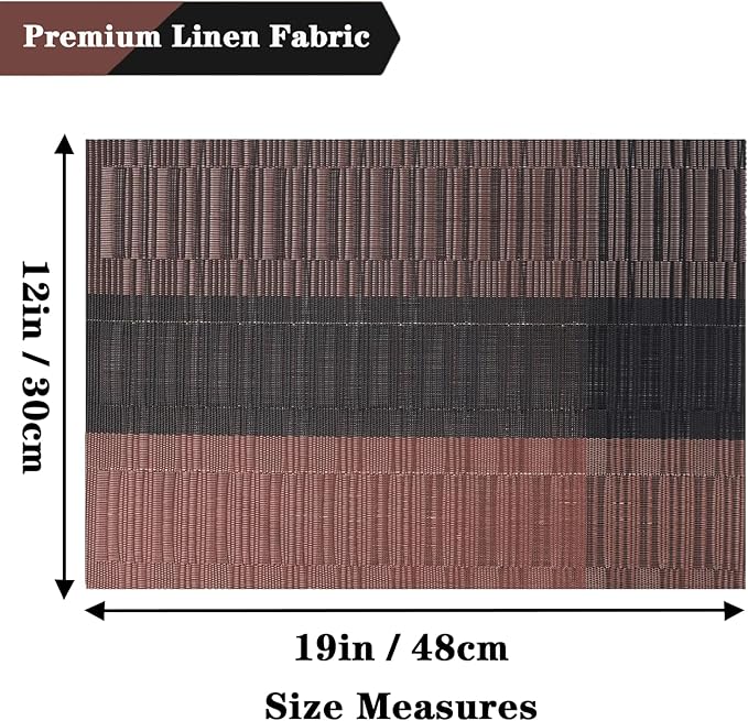 Black Brown Placemats Set of 2 - Heat Resistant Non-Slip Place mats for Dining Table, Washable Durable PVC Vinyl Woven Table Mats (Black Brown, 2)
