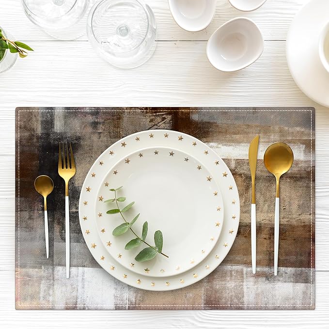 Brown and Gray Placemats Washable, Linen Rectangular Place Mats Set of 4, Dining Table Decor for Living Room, Kitchen, Farmhouse and Outdoor (Brown Grey, 12x18 Inch)