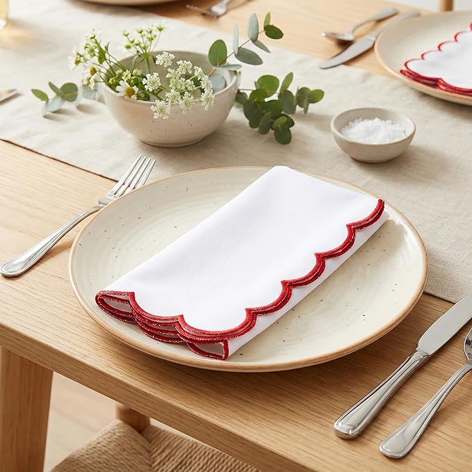 PurpleEssences Scalloped Embroidery Cloth Napkins - Spring Easter Summer - Table Decor - 100% Cotton - Set of 4-18x18 inch - White - Edges - Red