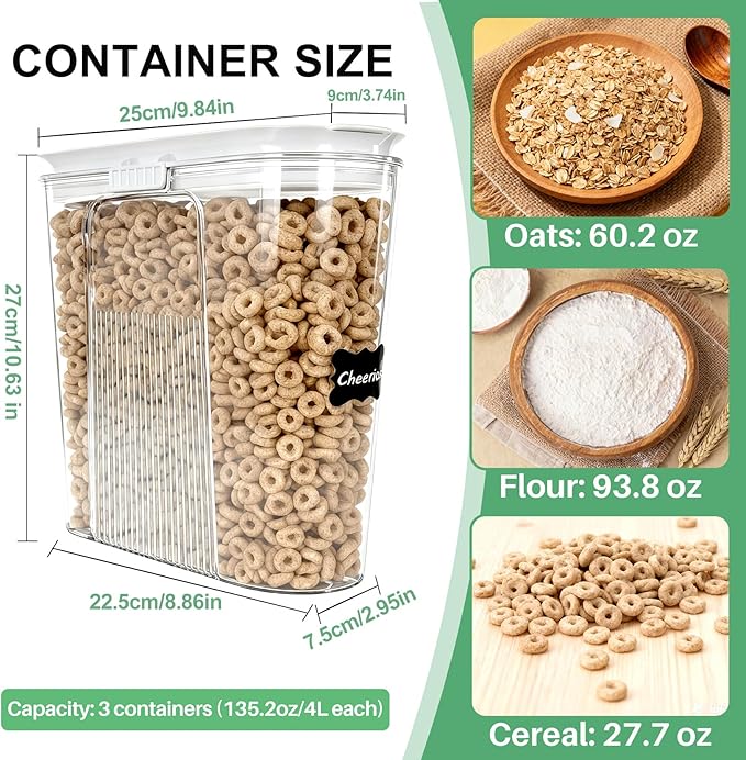Cereal Containers Storage, 3 PCS PET Airtight Food Storage Containers With Lids (4L/135.2oz) For Kitchen Pantry Cabinet Organization, Plastic Clear BPA-Free Canister Set For Dry Food Flour Sugar Rice