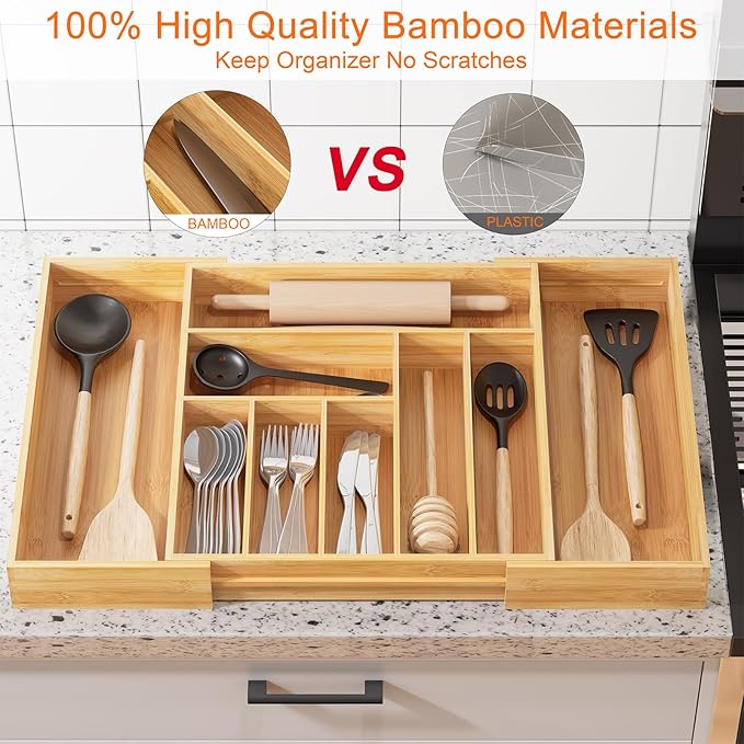 Youpehom Bamboo Utensil Organizer for Kitchen Drawers, Utensil Tray and Cutlery Silverware Holder,Wood Drawer Dividers with 9 Slots