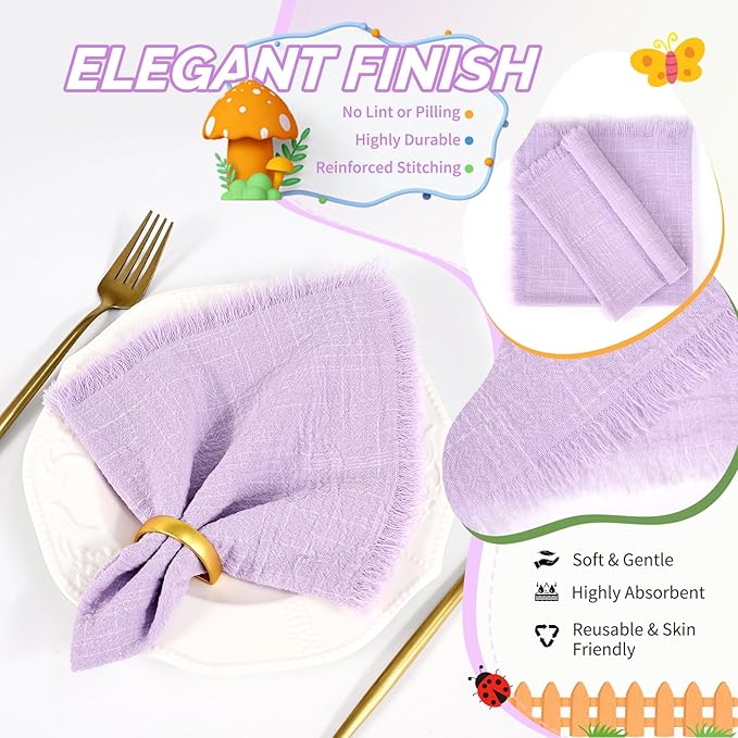 Showgeous 10 Pack Lavender Cloth Napkins with Fringe 16x16 inch 100% Cotton Purple Napkins Handmade Dinner Napkins Bulk Washable Soft Rustic Table Napkins for Wedding Parties Bridal Baby Shower