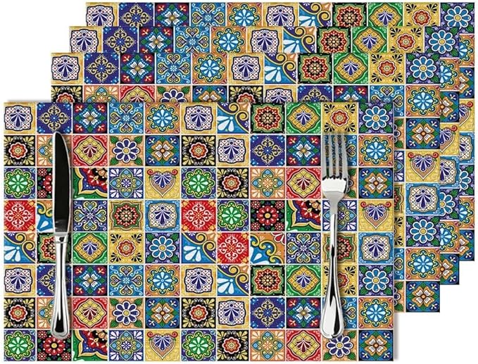 Mexican Talavera Tile Linen Placemats Set of 4, Colorful Place Mats for Dining Table, Heat-Resistant Washable Non-Slip Table Mats, Spring Easter Gifts for Festival Culture Lovers, Kitchen Home Decor