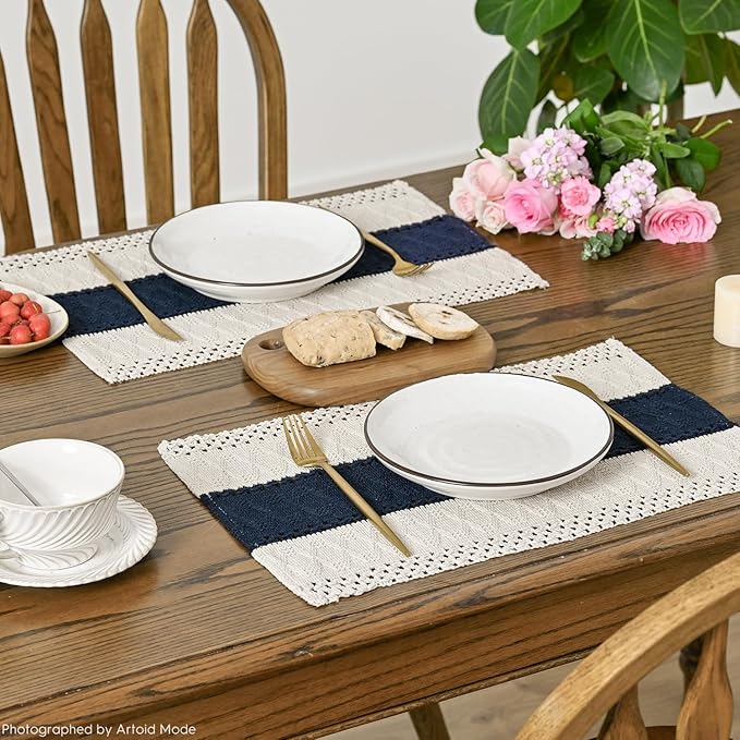 Artoid Mode Dark Blue Farmhouse Rustic Placemats Set of 4,12x18 Inch Seasonal Holiday Hollow Table Mats Party Kitchen Dining Decoration