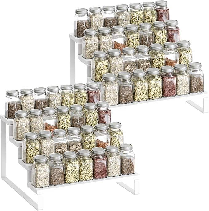 YATINEY Spice Rack, Wooden Display Riser Stand, Set of 2, Perfume Organizer, Vanity Display Stand, Tiered Countertop Organizers, Space Saving, for Kitchen Spices, Syrup, Coffee Mugs, White SR04L2WW