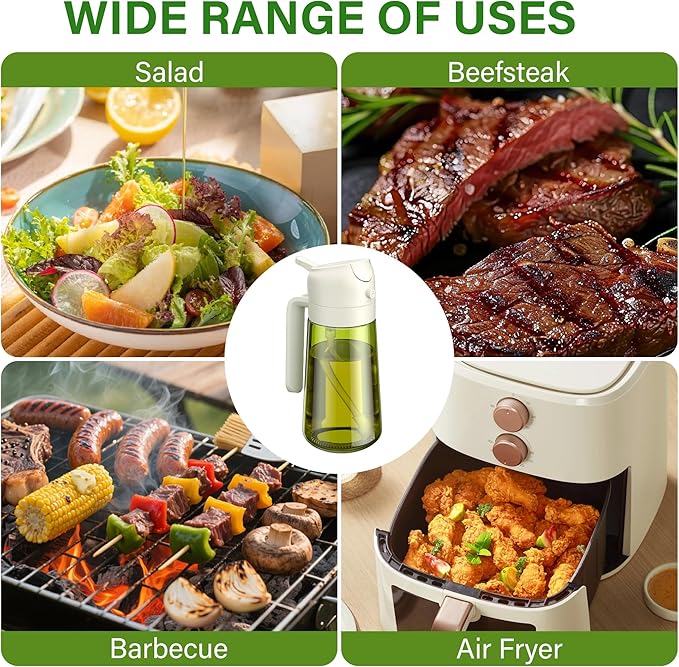 Vakoo 2 in 1 Oil Sprayer and Oil Dispenser for Kitchen - 16oz/470ml Light-Blocking Dark Glass Olive Oil Spray Bottle for Cooking, Air Fryer, Salad & BBQ (Green and White)