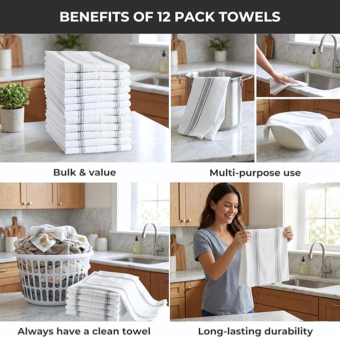 Bulk Kitchen Towels Cotton for Chefs in Commercial Restaurants - 15"X25" - 12 Pack - White Linen Tea Dish Towels - Lint Free Soft Absorbent Side Gray Striped Herringbone Weave Towles