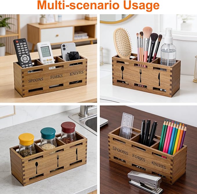Farmhouse Wooden Silverware Caddy Party Flatware Cutlery Holder Acacia Wood Utensils Holders for Kitchen Counter Cutlery Silverware Organizer Table Spoon and Fork Holder Flatware Utensil Caddy
