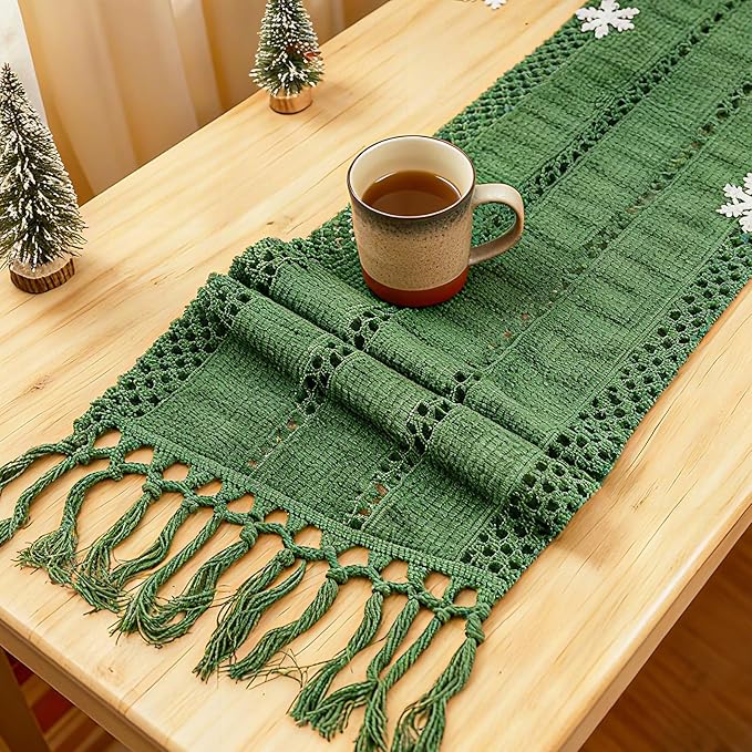 Niviy Sage Green Boho Table Runner for Home Decor 72 Inches Long with Tassels, Rustic Macrame Cotton Linen Woven Coffee Table Runners for Bohemian Dining Table Decoration, Green