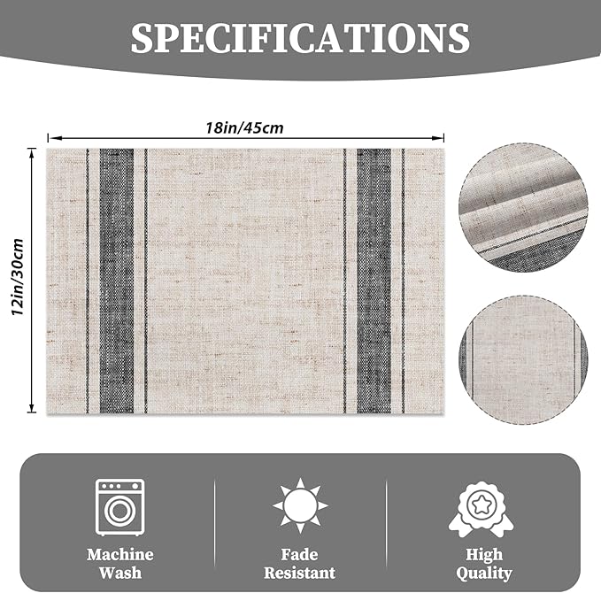 CSFOTO Modern Minimalist Line Decorative Placemats Set of 4 Heat-Resistant Non-Slip Kitchen Table Mats Khaki Woven Rectangle Placemats for Dining Table 18"x12" Washable, Black Stripe