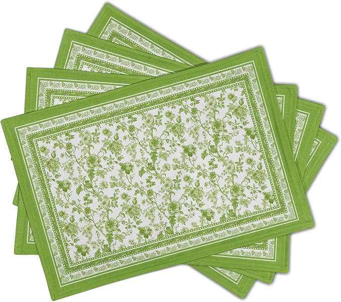 Green Floral Placemats Set of 4 Chinoiserie Boho Flowers Linen Fabric Rectangle Table Mat 12x18 Inch Washable Heat Resistant Outdoor Seasonal for Kitchen and Dining Table Decor