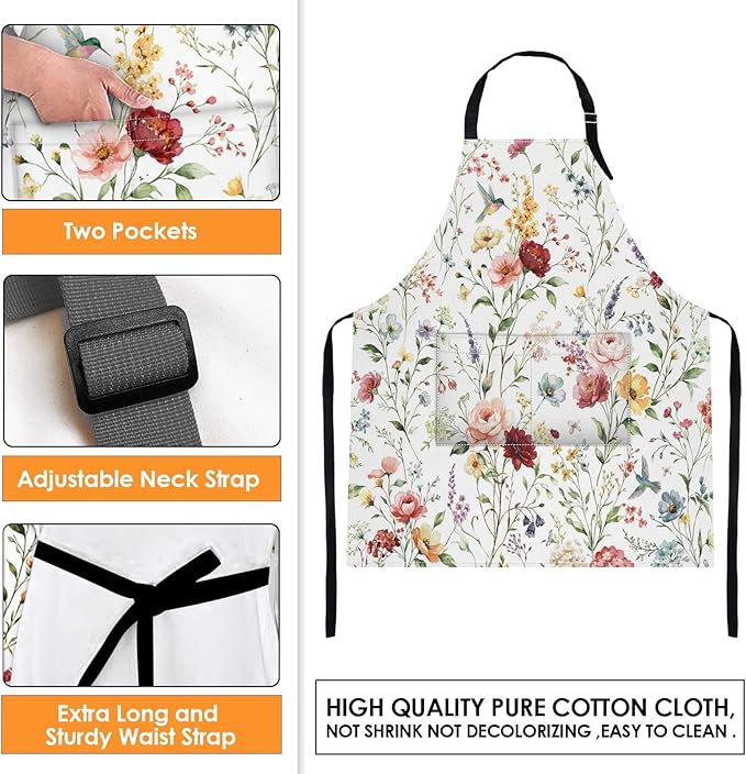 Britimes Apron Home Kitchen Cooking Baking Gardening for Women Men With Pockets Wildflower Flower Floral Boho Butterfly Hydrangea 32x28 inch