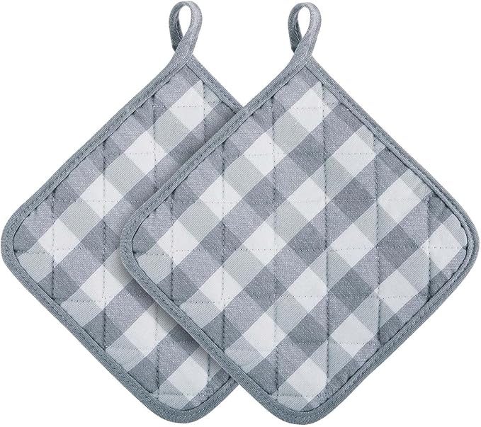 Buffalo Check Pot Holders, 2 Pack, Grey - 8" x 18" - Quilted Trivet Pot Holders are Heat Resistant, Machine Washable & Stain Repellant - Non-Slip for Pots & Pans by Achim Home Decor