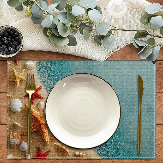 Beach Shell Starfish Blue Placemats Set of 6,12 x 18 Inch Table Mats Washable Heat Resistant Linen Fabric Rectangle Place Mat for Party Home Kitchen Dining