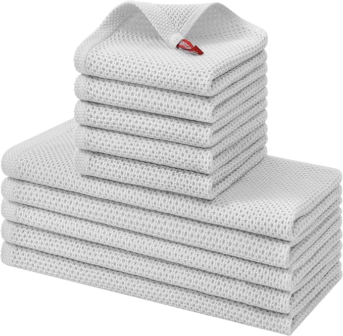 Kitinjoy 100% Cotton Kitchen Towels and Dishcloths Set, 10 Pack-13" x 28" and 12" x 12" Waffle Weave Dish Towels, Ultra Soft Absorbent Quick Drying Dish Rags, Light Grey