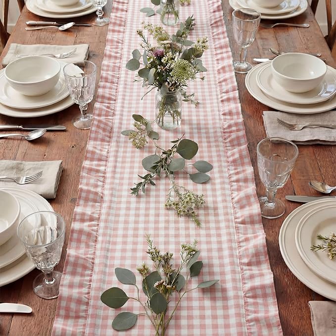 HunnmingRe 1 Pcs Light Pink Plaid Gingham Ruffle Table Runner 72 x 13.8'' Farmhouse Easter Table Runner 100% Cotton Scalloped Long Dresser Scarves for Dining Room, Wedding, Kitchen Rustic Home Decor