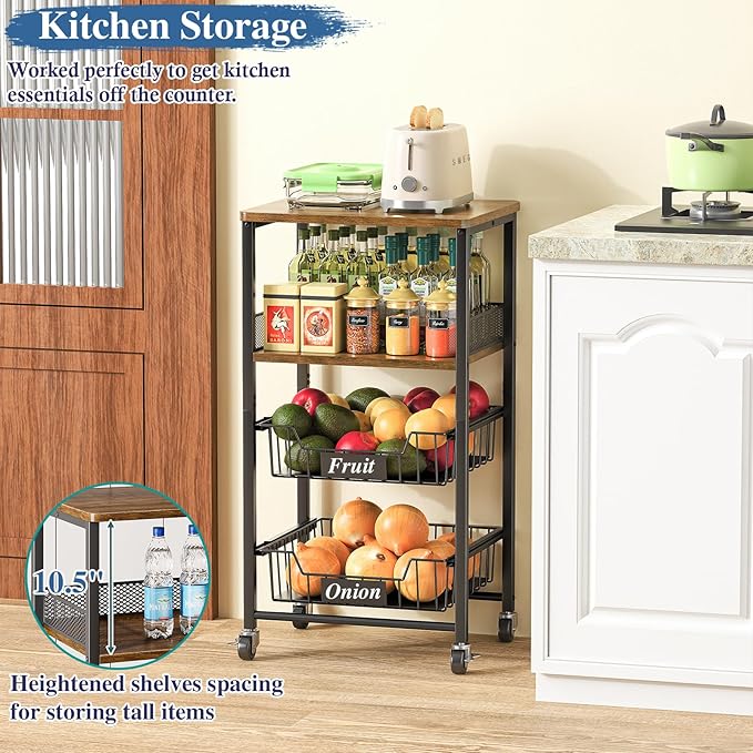 OKZEST 4 Tier Rolling Cart with Drawer Baskets, Metal Utility Storage Cart with Wheels and Wood Top for Living Room, Kitchen, Home Office, Bedroom, Pantry, Baby Essential, Makeup, Snack, Craft, Black