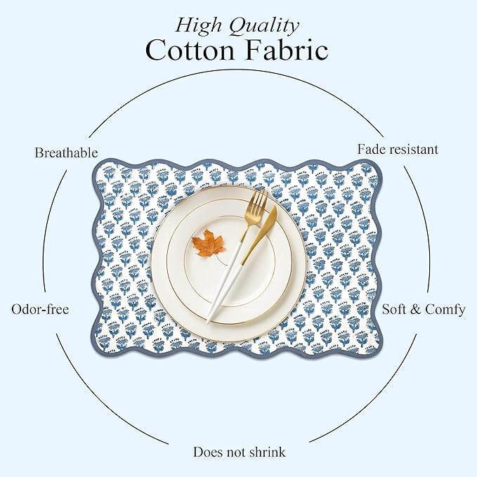 CPC Cotton Placemats Apatite Blue Set of 4-Hand Block Printed Reversible Placemats, Flower Scalloped & Embroidered Cloth Table Mats - 14 x 20 inch Gift for Spring, Mother's Day