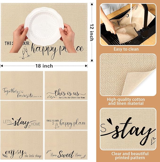 Farmhouse Placemats Set of 6 Linen Placemats 18x12'' Rustic Table Mats with Sayings Housewarming Gifts Country Tablemats Washable Cloth Place Mats for Farmhouse Table Setting(Khaki)