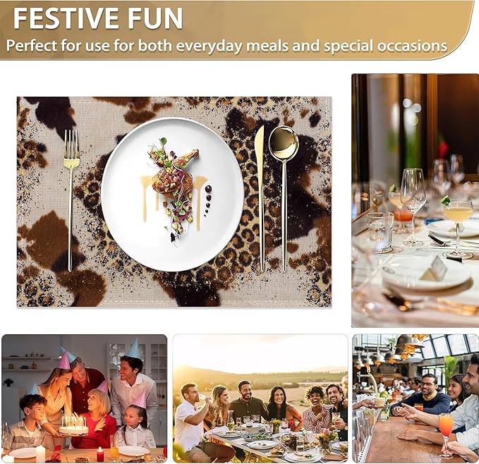 Cowhide with Glitter Leopard Print Place Mats Set of 6, Table Mats,Heat Insulation Non Slip Washable Dining Placemats for Wedding Holiday Party Kitchen Decor 12X18 in