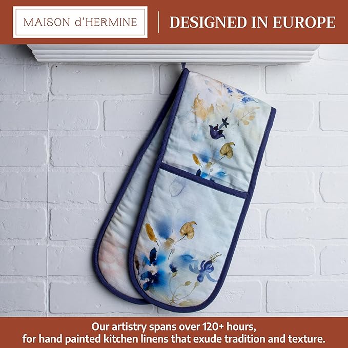 Maison d' Hermine Double Oven Mitts 100% Cotton 7"x35" Double Oven Mitt Heat Resistant BBQ Cooking Gloves with Loop Baking Grilling Gifts for Mothers Day Spring Summer (Lazy Summer Days)