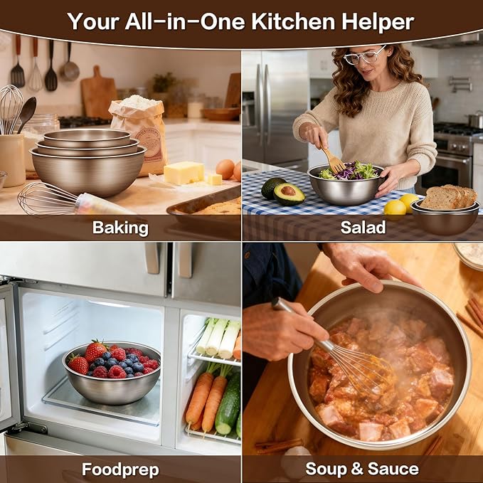 Gronivex Stainless Steel Mixing Bowls Set, Food Grade 304, Dishwasher Safe & Stackable for Baking, Tossing Salads, and Meal Prep for Your Kitchen (3 pack-1.45,2.22,3.38qt, no lid)
