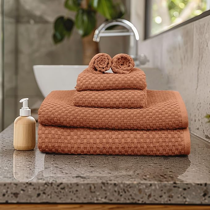 COTTON CRAFT Waffle 6 Piece Towel Set - 100% Cotton - 2 Oversized Luxurious Euro Spa Waffle Weave Large Bath Towels, 2 Hand Towels, 2 Washcloths - Absorbent Quick Dry Hotel Bathroom Shower - Mocha