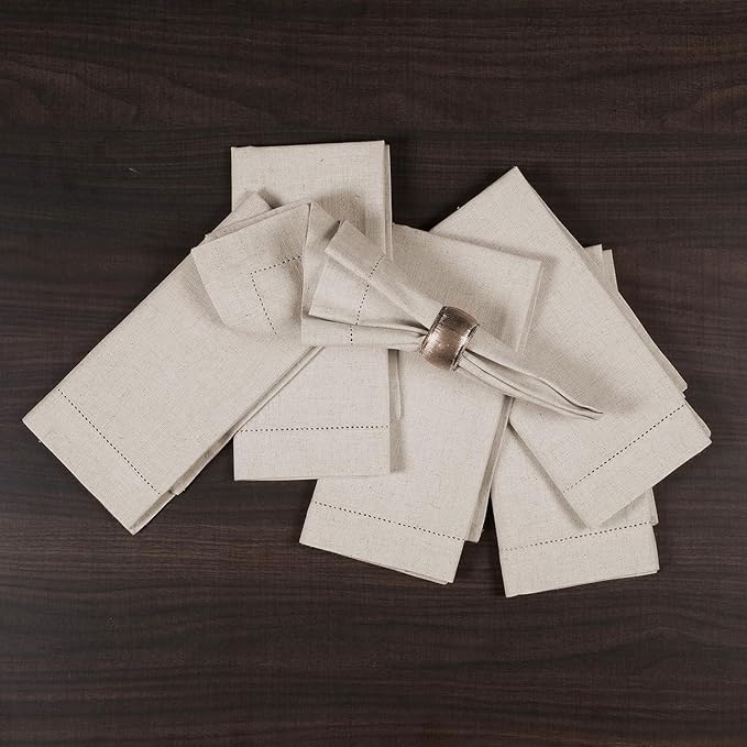 Bedding Craft Linen Flax Cotton Cloth Dinner Napkins Set of 12 – 18x18 Natural Fabric with Hemstitched Mitered Corners – Machine Washable Wedding, Cocktail & Party Table Napkins